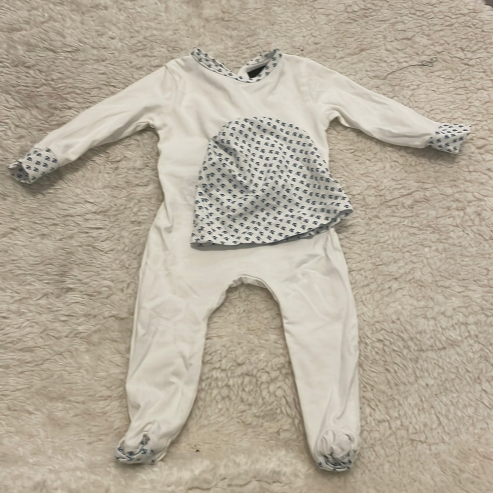 Cotton Cuddle and coo white with blue anchor footie with matching hat
